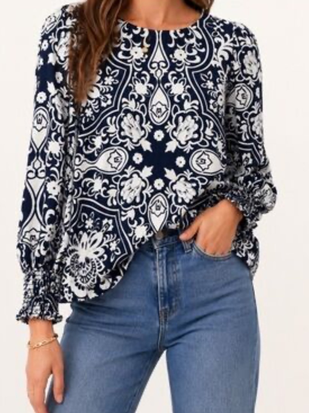 Boden Navy and White Printed Smocked-Cuff Blouse